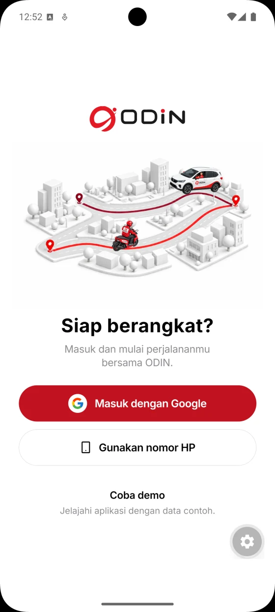 Pratinjau layar masuk aplikasi ODIN dengan ilustrasi kota dan pilihan login