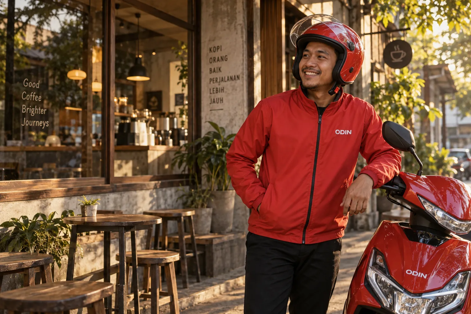 Visual kampanye mitra ODIN beristirahat di samping motor di sebuah kedai