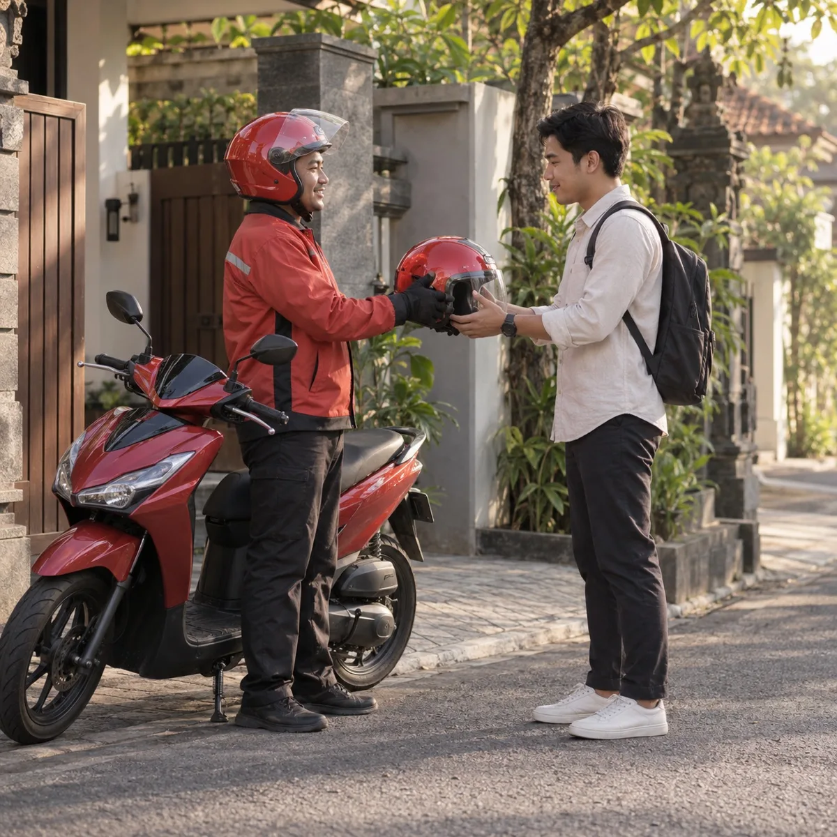 Mitra menyerahkan helm kepada penumpang di titik jemput